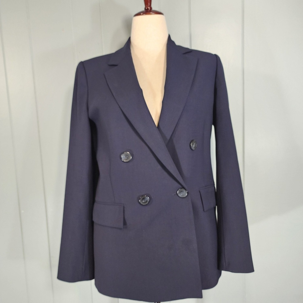 Theory Piazza Jacket Blazer Women‎ Size 8 Navy Blue Double Breasted Stretch Wool